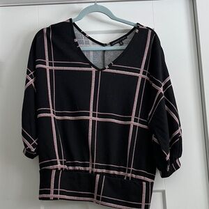 Adrienne Vittadini Black Blouse with Pink Grid Pattern